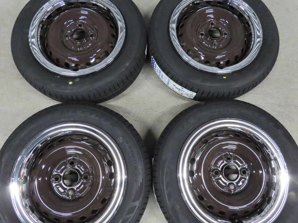 ☆4 ホンダ N-BOX ブラウン 純正 155/65R14 メッキトリムリング JF1 N-ONE 4.5J PCD100 4穴 スチール 超バリ溝 タイヤホイールセット