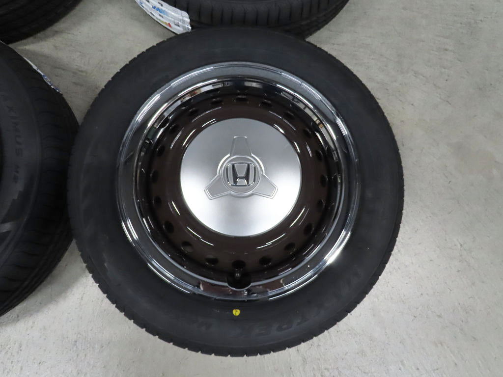 ☆4 ホンダ N-BOX ブラウン 純正 155/65R14 メッキトリムリング JF1 N-ONE 4.5J PCD100 4穴 スチール 超バリ溝 タイヤホイールセット