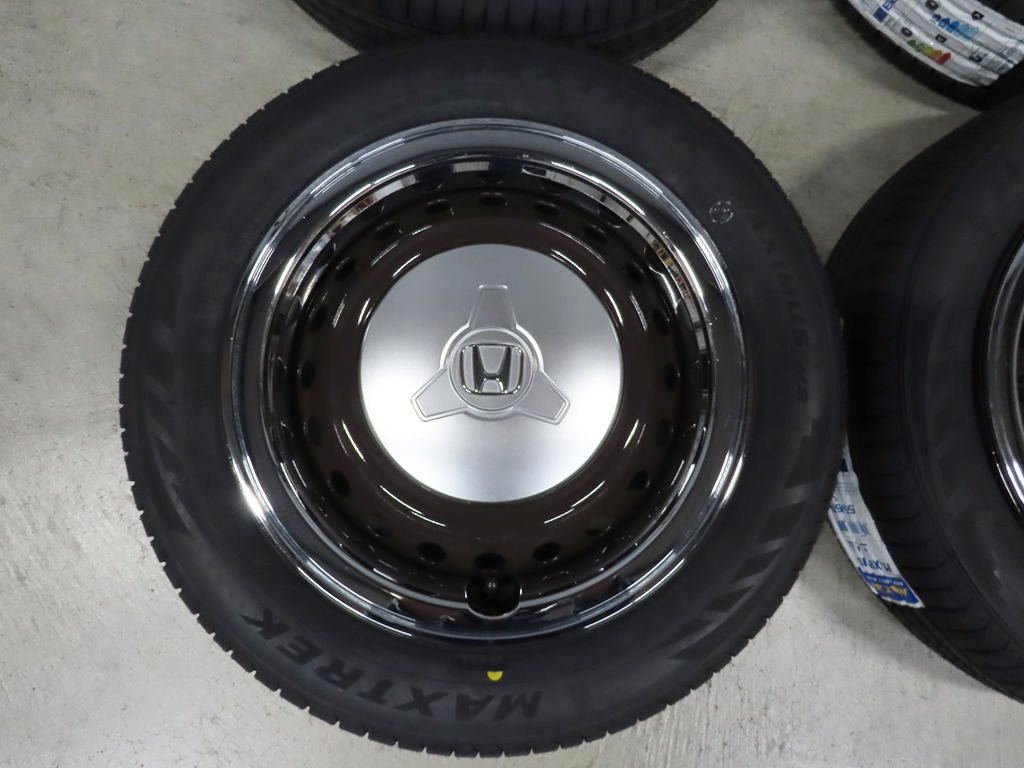 ☆4 ホンダ N-BOX ブラウン 純正 155/65R14 メッキトリムリング JF1 N-ONE 4.5J PCD100 4穴 スチール 超バリ溝 タイヤホイールセット
