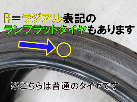 タイヤサイズのR（ラジアル）表記の例（写真は普通のタイヤ）