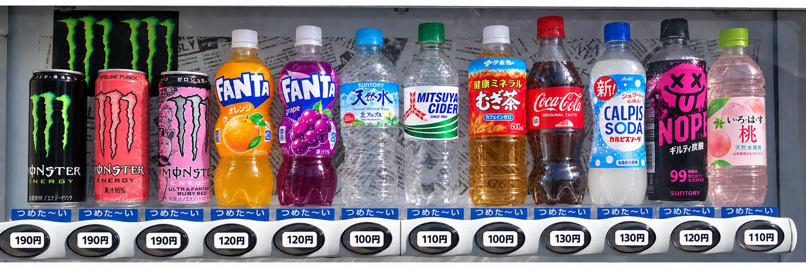 自販機の上段（モンスター・炭酸・お茶など）