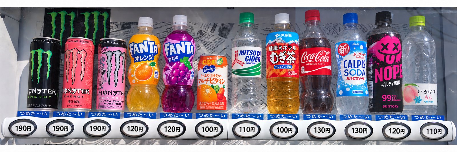 自販機の上段（モンスター・炭酸・お茶など）
