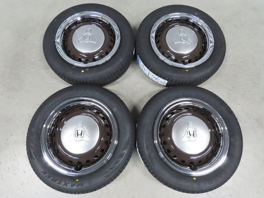 ☆4 ホンダ N-BOX ブラウン 純正 155/65R14 メッキトリムリング JF1 N-ONE 4.5J PCD100 4穴 スチール 超バリ溝 タイヤホイールセット